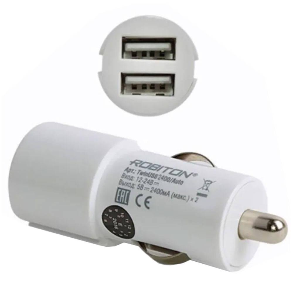 ROBITON TWINUSB240, Адаптер, 4800мА, с 2-мя USB выходами, от прикуривателя