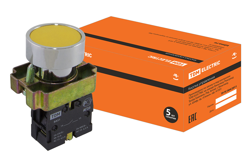 TDM electric SQ0704-0040, BА51 кнопка без подсветки желтая 1з