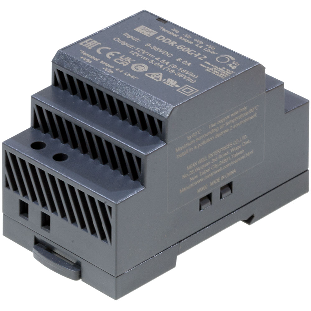 Mean Well DDR-60G-12, DC-DC 60Вт вх 9-36В DC вых 12В/5А изоляция 4000В DC в кожухе на DIN-рейку 52.5х90х54.5мм