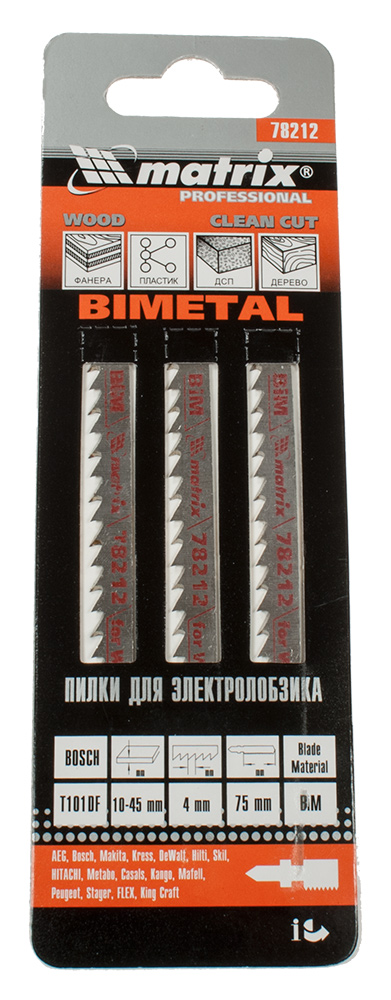 MATRIX 78212, полотно для электрического лобзика по дереву 75х4мм Bimetell Т101DF 3шт.