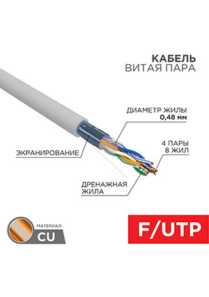 01-0152-100, Кабель витая пара F/UTP, CAT 5е, PVC, 4PR, 24AWG, INDOOR, SOLID, серый, 100м PROconnect PROconnect