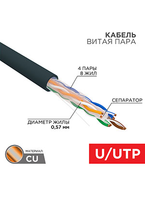 01-0058, Кабель витая пара U/UTP, CAT 6, PE, 4PR, 23AWG, OUTDOOR, SOLID, черный, 305м REXANT REXANT