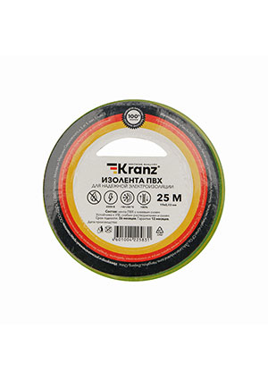 KR-09-2207, Изолента ПВХ 0,13х19мм, 25м, желто-зеленая KRANZ Kranz