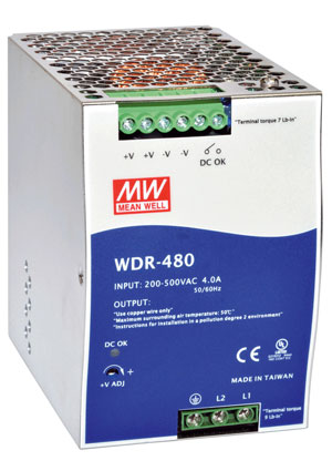 WDR-480-24, AC-DC, 480,  180 550V AC, 47 63 /254 780V DC,  24/0 20A, . =24 28, Mean Well