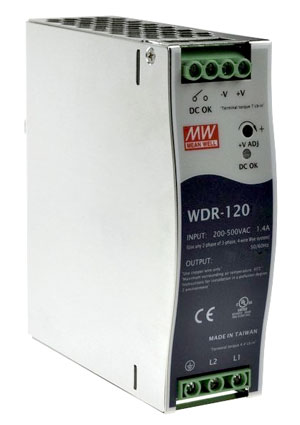 WDR-120-24, AC-DC, 120,  180 550V AC, 47 63 /254 780V DC,  24/0 5A, . =24 29,  Mean Well